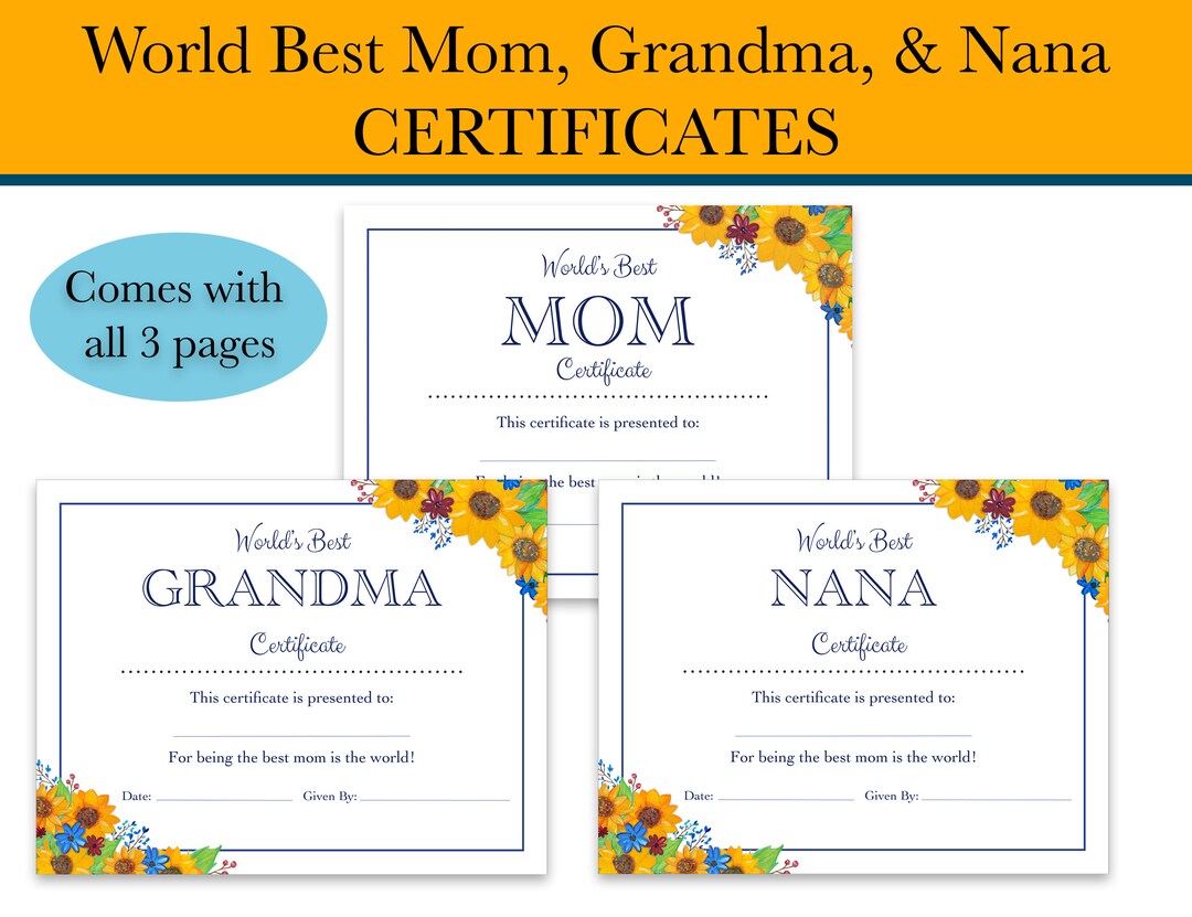 Worlds Best Mom Printable Certificate Nana Certificate - Etsy
