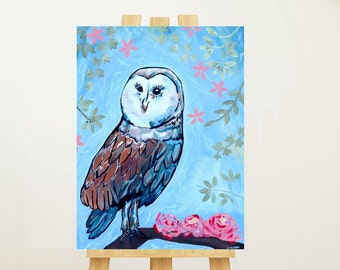 フクロウアート、フクロウの絵画、キャンバスに描かれたオリジナルの