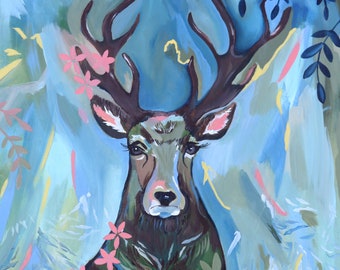 Deer painting on canvas for living room, Abstract wildlife deer wall art, Original Whimsical Deer Painting for her, Stag painting on Canvas