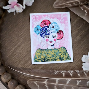 Skurril Frauen Aufkleber | Mischtechnik Porträt | Rosa Blumen Lady Aufkleber | Frau Sticker | Bester Freund Geschenk | Art Journal Zubehör