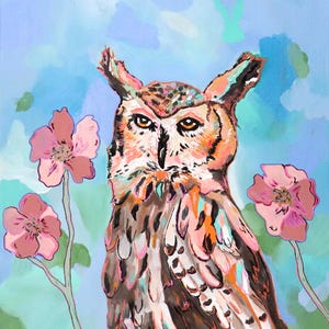 Abstract Owl Painting on Canvas, Wildlife Wall Art for Animal Lover, Owl Painting on Canvas, Whimsical Painting of Owl BIrd Painting