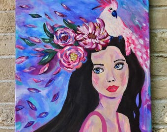 Roze portretschilderij op canvas - Bloemen muurdecoratie | Meisje en vogel schilderij | Origineel portretschilderij met botanische vogel