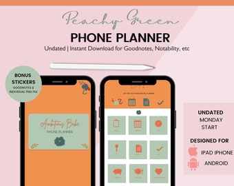 May include: A digital phone planner app mockup with a peach background. The app has a green interface with icons for calendar, notes, clock, key, document, checkmark, piggy bank, food, heart, star, square, and a checkmark. The text "On-the-Go Phone Digital Planner" is at the top of the app. The text "Ambitious Babe Phone Planner" is on the left side of the image. The text "Undated Monday Start" and "Designed For iPad iPhone Android" is on the right side of the image.