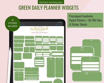 Green Daily Planner Widgets | Digital Goodnotes Stickers | Precropped Goodnotes | Individual PNG Widgets Digital Stickers