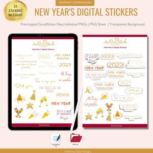 New Year’s Digital Stickers | 2022 Die cut PNG Stickers | Goodnotes  | Pre-cropped Stickers | Planning Stickers