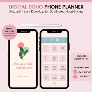 May include: A digital phone planner app mockup with a pink and green boho theme. The app features a calendar, notes, and other organizational tools. The text "Ambitious Babe Phone Planner" is displayed on the screen. The app is designed for iPad, iPhone, and Android devices.