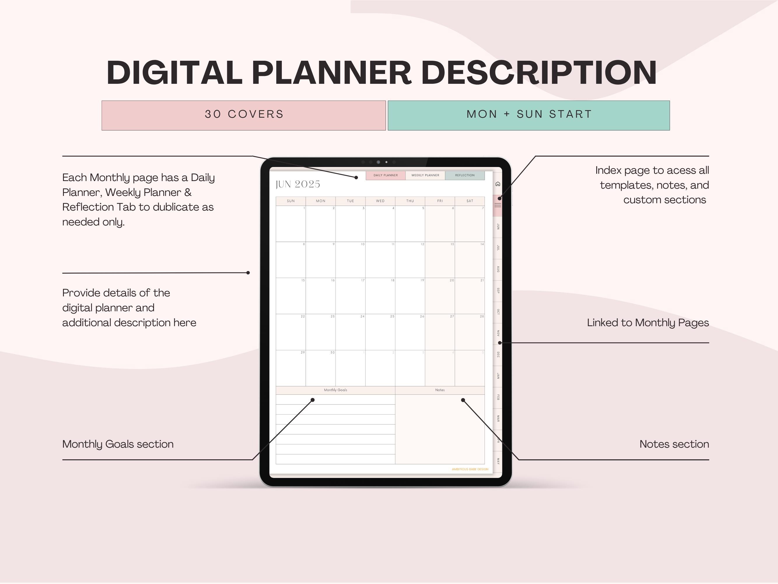 2025-2026 Mid-year Monthly Digital Planner | Portrait Hyperlinked iPad ...