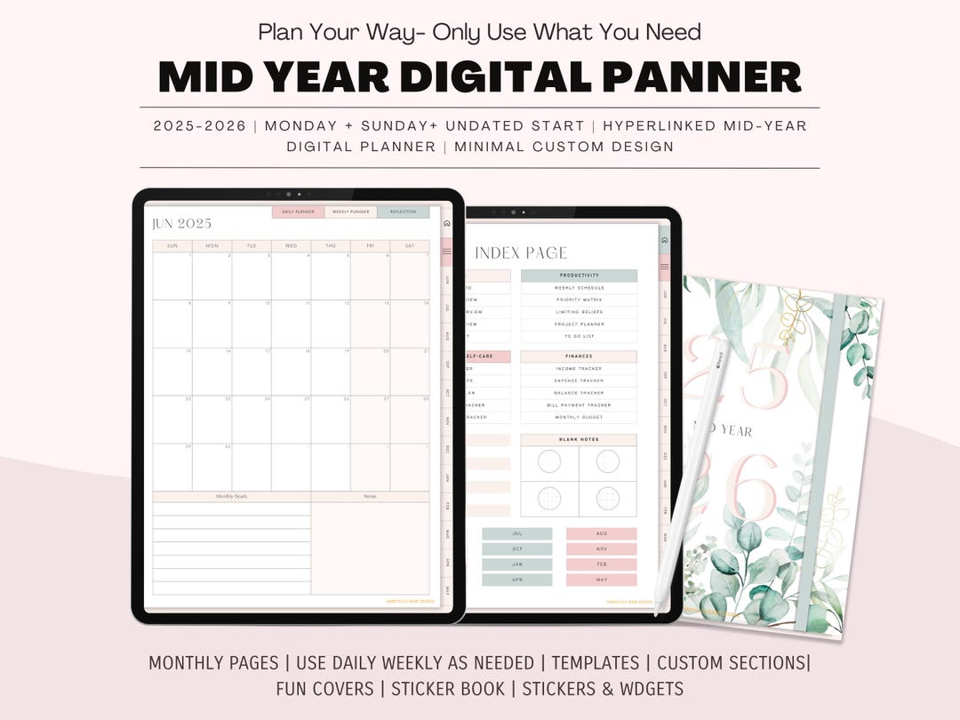2025-2026 Mid-year Monthly Digital Planner | Portrait Hyperlinked iPad ...