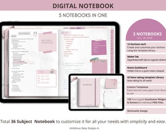 Blush Landscape Digital Notebook | 12 Tab All In One 36 Sections | 42 Note Templates | Sticker Hyperlinked Tabs | Notepad Section