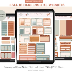 Puede incluir: Widgets digitales mostrados en tres tabletas, con temática otoñal y colores cálidos como óxido, beige y verde salvia. Los widgets incluyen listas de verificación, rastreadores y elementos decorativos. El texto dice "Fall is Here Digital Widgets" y "50 Stickers Included."
