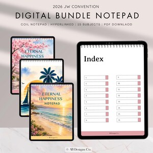 May include: A digital bundle notepad for the 2026 JW Convention, featuring coil-bound covers with cherry blossoms, palm trees, and beach sunset illustrations. The set includes a hyperlinked index page with 15 subjects and a PDF download option.