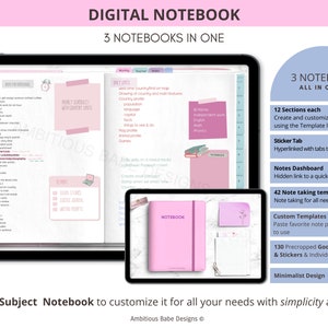 Può includere: Un taccuino digitale con 36 argomenti, progettato per l'organizzazione e la presa di appunti. Il taccuino presenta uno schema di colori rosa e bianco con un design minimalista. Include 3 taccuini in uno, con 12 sezioni, una linguetta per gli adesivi, un cruscotto delle note, 42 modelli per prendere appunti, modelli personalizzati e 130 widget e adesivi Goodnotes pretagliati.
