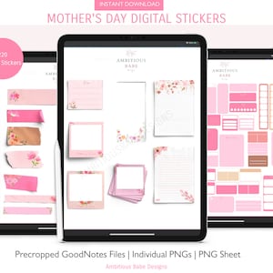 May include: A digital download of 220 Mother's Day themed stickers for use in digital planners and notes. The stickers feature a pink and white color scheme with floral designs and text that says "Ambitious Babe Designs".