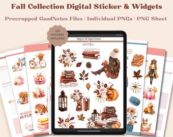 Könnte beinhalten: Ein digitaler Stickerbogen mit 224 Stickern zum Thema Herbst. Die Sticker zeigen Illustrationen von Kürbissen, Blättern, Büchern, einer lesenden Frau und anderen Herbstenlementen. Die Sticker sind für die Verwendung in digitalen Planern und Notizbüchern gedacht.