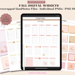 May include: A digital planner with fall-themed widgets, including a weekly planner, to-do lists, and habit trackers. The planner is designed for use with GoodNotes and includes 60 stickers. The planner is in pink and brown tones with a fall theme.