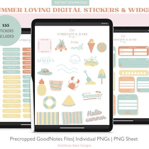 May include: A digital planner sticker set with 135 summer-themed stickers and widgets. The stickers feature a variety of summer icons, including a watermelon, a beach umbrella, a crab, a pineapple, a beach towel, a life preserver, and a beach ball. The widgets include a checklist, a habit tracker, and a mood tracker. The stickers are in a variety of colors, including blue, green, yellow, orange, and pink.