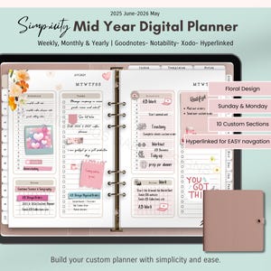 2025-2026 Einfachheit Digitaler Mid Year Planer | Verlinkte Blumen PDF für GoodNotes |Custom Planner| Wöchentlich Monatlich | Sonntag & Montag Start