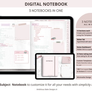 May include: Digital notebook with three notebooks in one. The image shows a tablet displaying a digital notebook with pink accents. Features include 12 sections, a sticker tab, a notes dashboard, and a template library. The text says "Total 36 Subject Notebook".