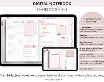 May include: Digital notebook with three notebooks in one. The image shows a tablet displaying a digital notebook with pink accents. Features include 12 sections, a sticker tab, a notes dashboard, and a template library. The text says "Total 36 Subject Notebook".