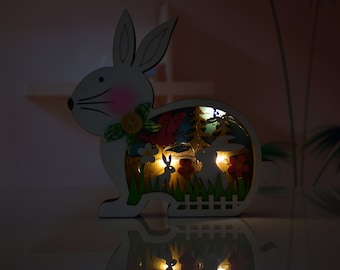 Easter Wooden Bunny Decoration with Led Light, Easter Tier Tray Decor,Easter Basket Stuffer,Farmhouse Easter