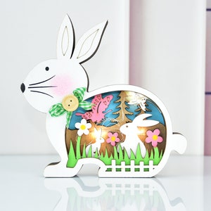 Easter Wooden Bunny Decoration with Led Light, Easter Tier Tray Decor,Easter Basket Stuffer,Farmhouse Easter