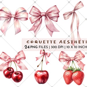 Pink Coquette Aesthetic Watercolor Clipart Bow Cherry Strawberry Transparent PNG Digital Download Sublimation Commercial Use Trendy Girly