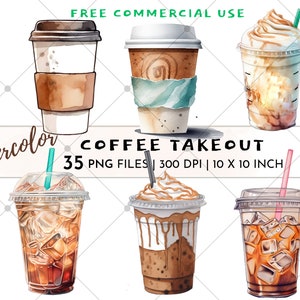 Watercolor Coffee Clipart Coffee Takeout Cafe Breakfast Journal Printable PNG Coffee lover Gift Morning Image Trendy Coffee Cup Image Brunch