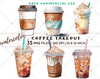 Watercolor Coffee Clipart Coffee Takeout Cafe Breakfast Journal Printable PNG Coffee lover Gift Morning Image Trendy Coffee Cup Image Brunch