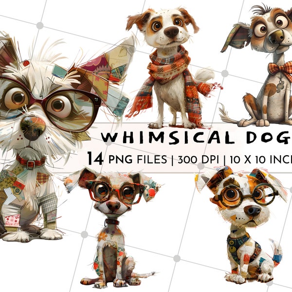 Whimsical Dogs Clipart Cute Funny Dog Wall Art for Kids Room Decoration Printable Mixed Media Dog Images, For Journal Scrapbooking Diary