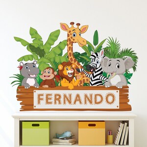 Decalque de parede de animais de safári - Decalques de parede de berçário de selva - Decalque de parede Adesivos de parede de arte infantil - Decalque de parede com nome personalizado WH03
