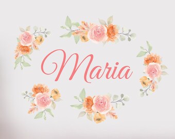 Calcomanías de pared personalizadas con nombre de flor, calcomanías de pared para guardería, pegatinas de niña con flores de acuarela, pegatina de vinilo para decoración de pared floral CR03