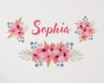 Personalized Name Flowers Wall Decal Watercolor Wreath Nursery Wall Decoration Personalized Girls Name Art Mural Vinyl Sticker CR01