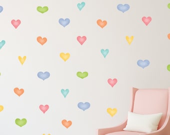 Calcomanía de pared de corazones de acuarela, calcomanías de pared de guardería de corazón, conjunto de corazón de acuarela de arco iris, pegatina de vinilo Mural artístico para niñas CR33