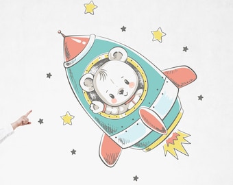Calcomanía de pared de nave espacial, pegatina de pared espacial de cohete volador, arte de pared de cohete, decoración de dormitorio para niños, pegatina de pared de vinilo CR34