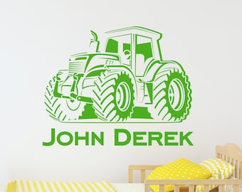 Calcomanía de pared con nombre de tractor, Calcomanía de pared con nombre personalizado, Calcomanías de pared de guardería, Vinilo decorativo para habitación de niños John Deere Farm Tractor CR103