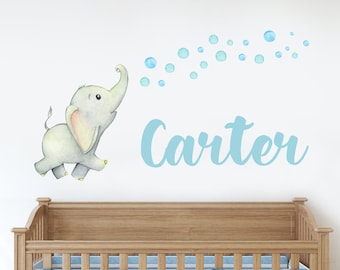 Calcomanía de pared con nombre de elefante de acuarela personalizada, calcomanías de pared para guardería, calcomanías de pared de elefante y burbujas de acuarela, pegatinas de vinilo CR90