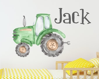 Calcomanía de pared con nombre de tractor de acuarela - Calcomanía de pared con nombre personalizado - Adhesivo de vinilo para habitación infantil con tractor agrícola John Deere CR88