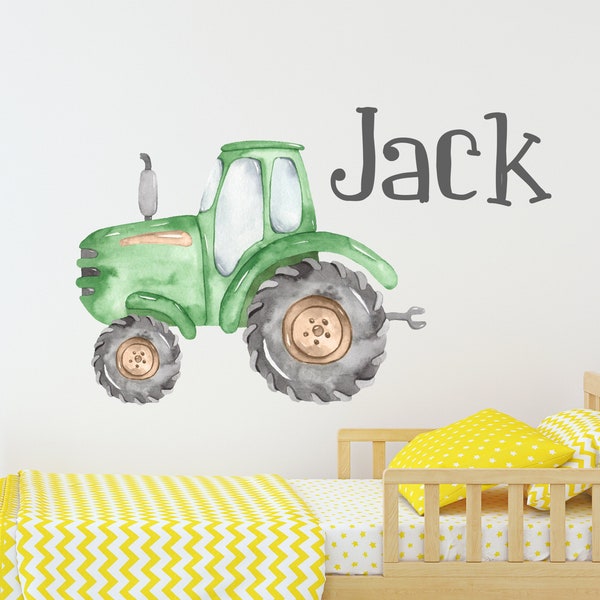 Watercolor Tractor Name Wall Decal - Personalized Name Wall Decal - John Deere Farm Tractor Kids Room Art Vinyl Sticker CR88