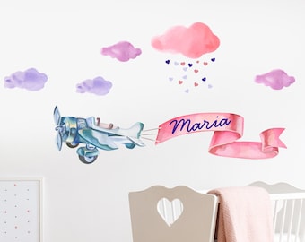 Watercolor Girl Airplane Wall Decal - Personalized Name Wall Decals - Girl Airplane Clouds & Hearts Wall Art Mural Vinyl Sticker CR71