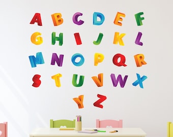 Calcomanía de pared con conjunto de alfabeto colorido, decoración de pared con letras del alfabeto en mayúsculas, pegatina de vinilo de pared extraíble para niños CR15