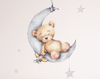 Calcomanía de pared con osito de peluche durmiendo - Adhesivo de pared con oso en la luna - Adhesivo de pared con temática de oso para dormitorio de niño y niña, mural artístico CR30