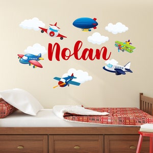 Custom Airplane Name Wall Decal - Airplanes Wall Decals - Personalized Kids Planes & Clouds Hot Air Balloon Wall Art Vinyl Sticker CR57