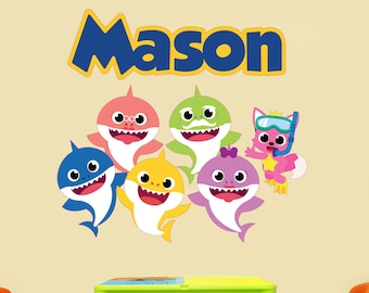 Vinilos decorativos personalizados de Baby Shark para la sala de juegos infantil, pegatinas de vinilo para guardería, decoración de la habitación de los niños, decoración de la pared de la mesita de noche del dormitorio.
