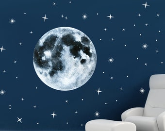 Moon Stars Wall Decal - Moon Space Wall Sticker - Moon & Stars Wall Decor Kids Room Decor Space Wall Decal CR51