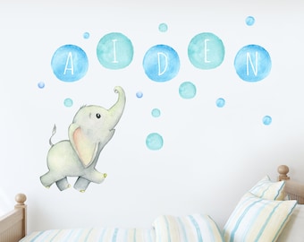 Calcomanía de pared personalizada con nombre de elefante - Calcomanías de pared con nombre de puntos de acuarela - Calcomanías de pared de guardería - Pegatinas de vinilo artístico para niños con elefante CR93
