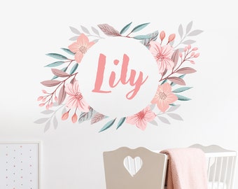 Custom Name Wall Decals - Peony Decal Frame & Flowers Decals Flower - Floral Nursery Wall Baby Girl Stickers Floral Vinyl Decor CR67