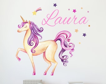 Calcomanía de pared con nombre de unicornio personalizada - Calcomanía de vinilo con nombre personalizado - Calcomanías de pared para guardería - Calcomanía artística de decoración de pared con unicornio CR58