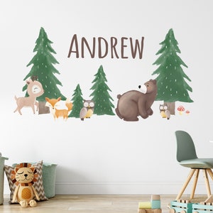 Personalized Forest Name Wall Decal - Woodland Animals Wall Stickers - Forest Animals Kids Room Nursery Forest Trees Wall Decals Vinyl CR44