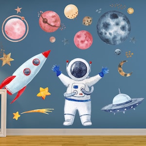 Decalque de parede com tema de planetas astronautas - Decalques de parede de berçário - Decalques de parede de espaço - Conjunto de adesivos de parede de astronautas e planetas CR39