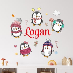 Gepersonaliseerde muursticker naam - muurstickers pinguïn - muurstickers kinderkamer - speelse pinguïns muurdecoratie muursticker vinylstickers CR87